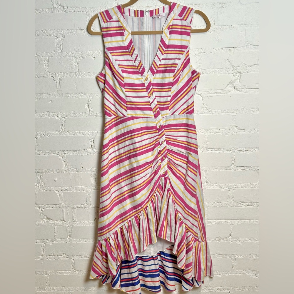 Parker Candy Striped Spring Pink Yellow & White Ruffle skirt Sleeveless Dress 4